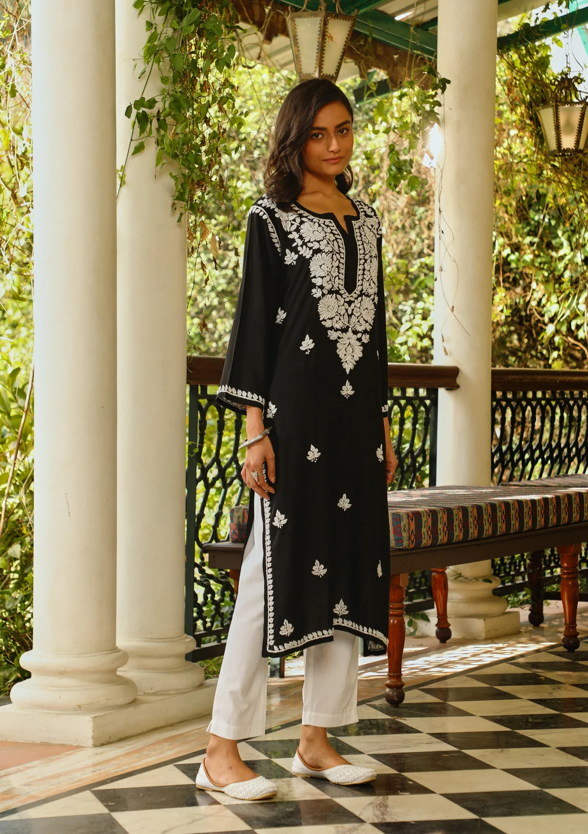 Rayon Chikankari Solid Women's Long Kurta - Black - Image 3