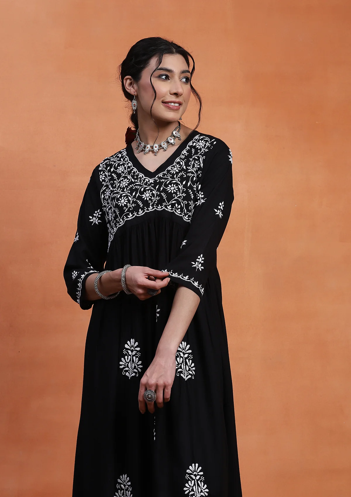 HOC Rayon Chikankari Solid Women's Long Kurta - Black