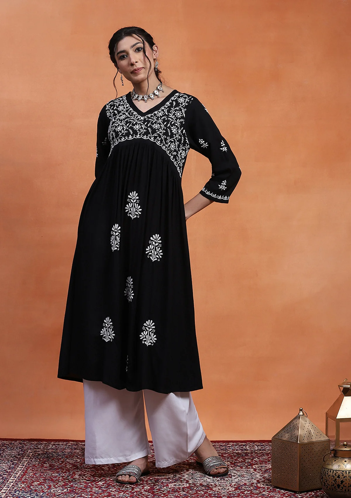 HOC Rayon Chikankari Solid Women's Long Kurta - Black - Image 2