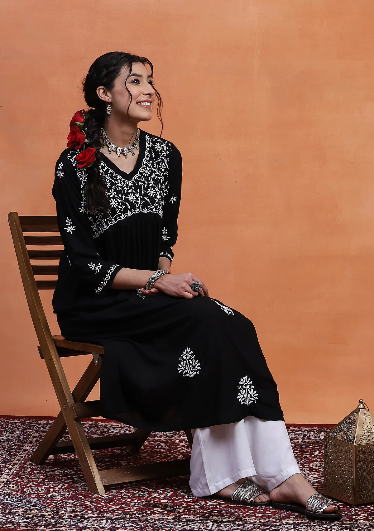 HOC Rayon Chikankari Solid Women's Long Kurta - Black - Image 3