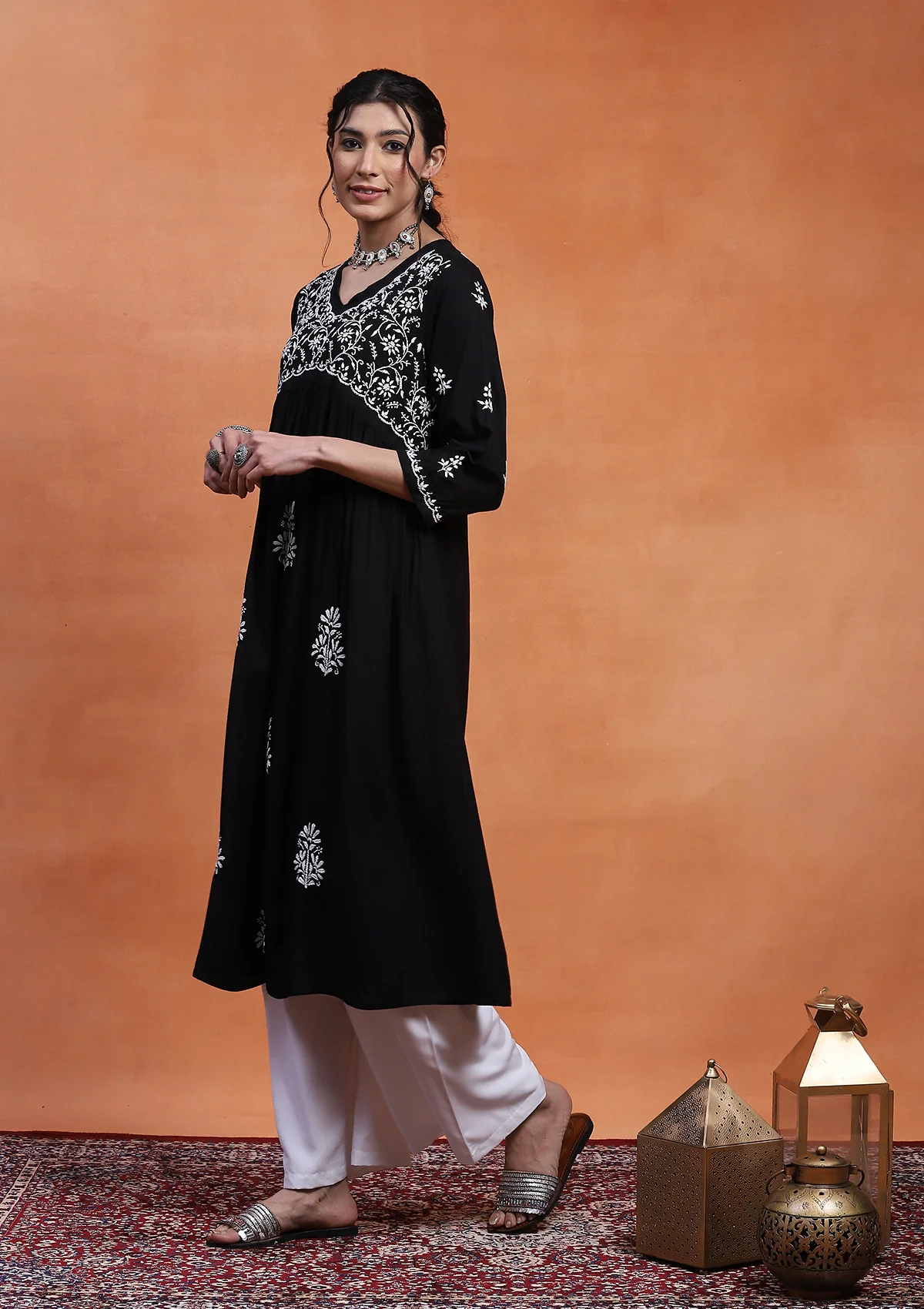 HOC Rayon Chikankari Solid Women's Long Kurta - Black - Image 4