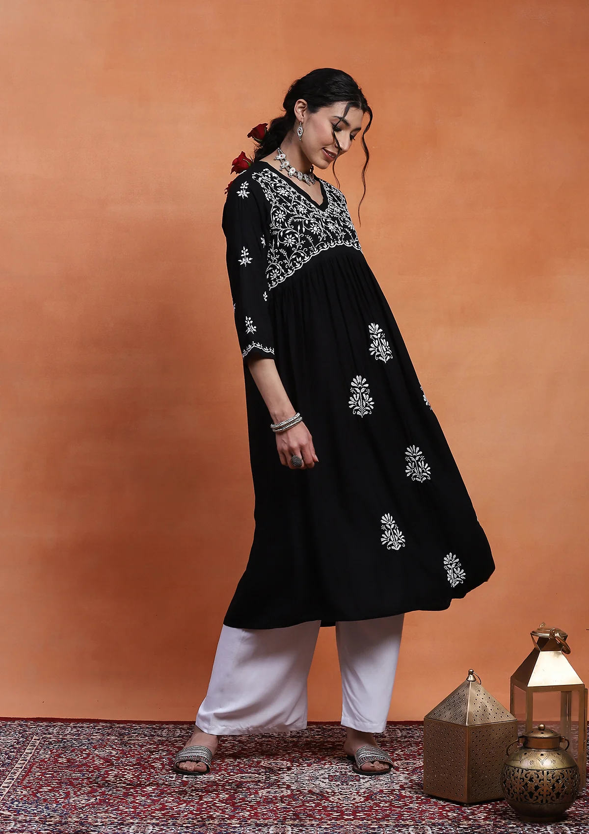HOC Rayon Chikankari Solid Women's Long Kurta - Black - Image 5