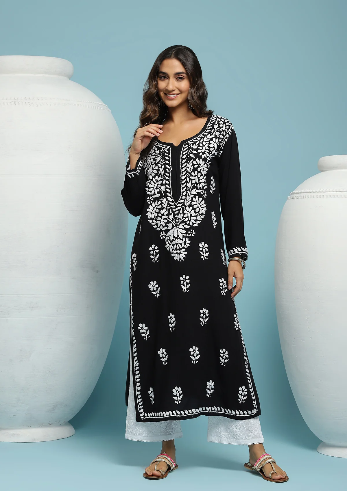 HOC Rayon Chikankari Solid Women's Long Kurta - Black