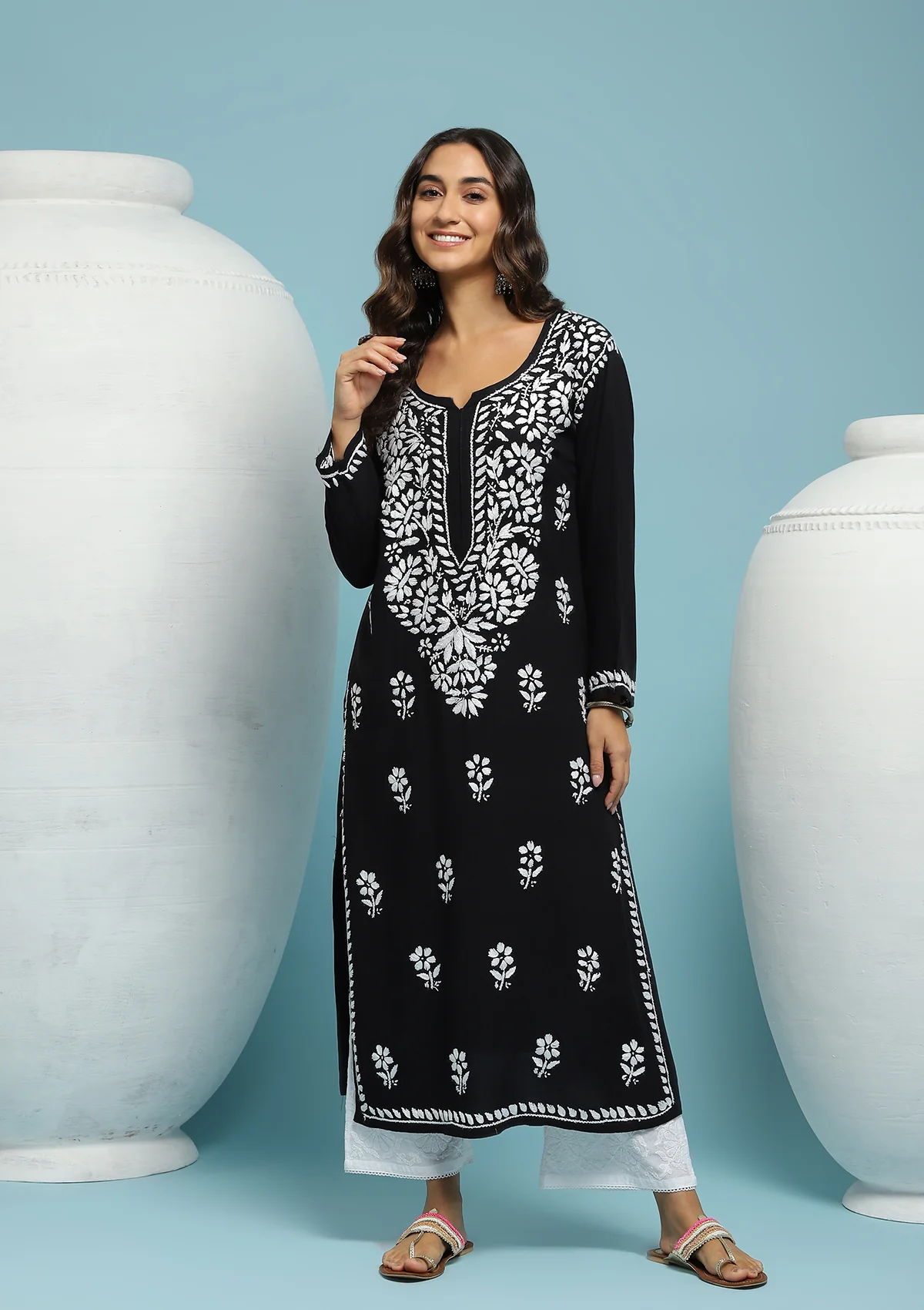 HOC Rayon Chikankari Solid Women's Long Kurta - Black - Image 5
