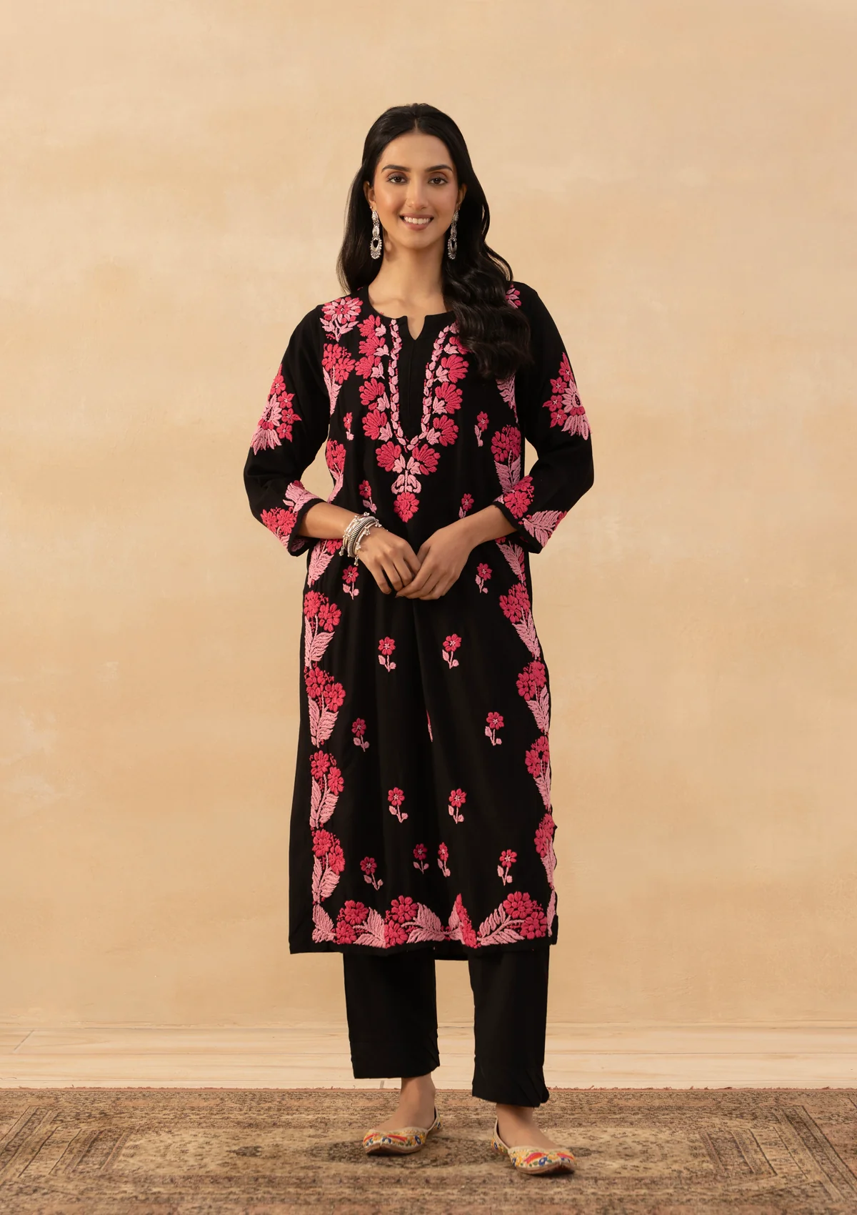 HOC Rayon Chikankari Solid Women's Long Kurta - Black