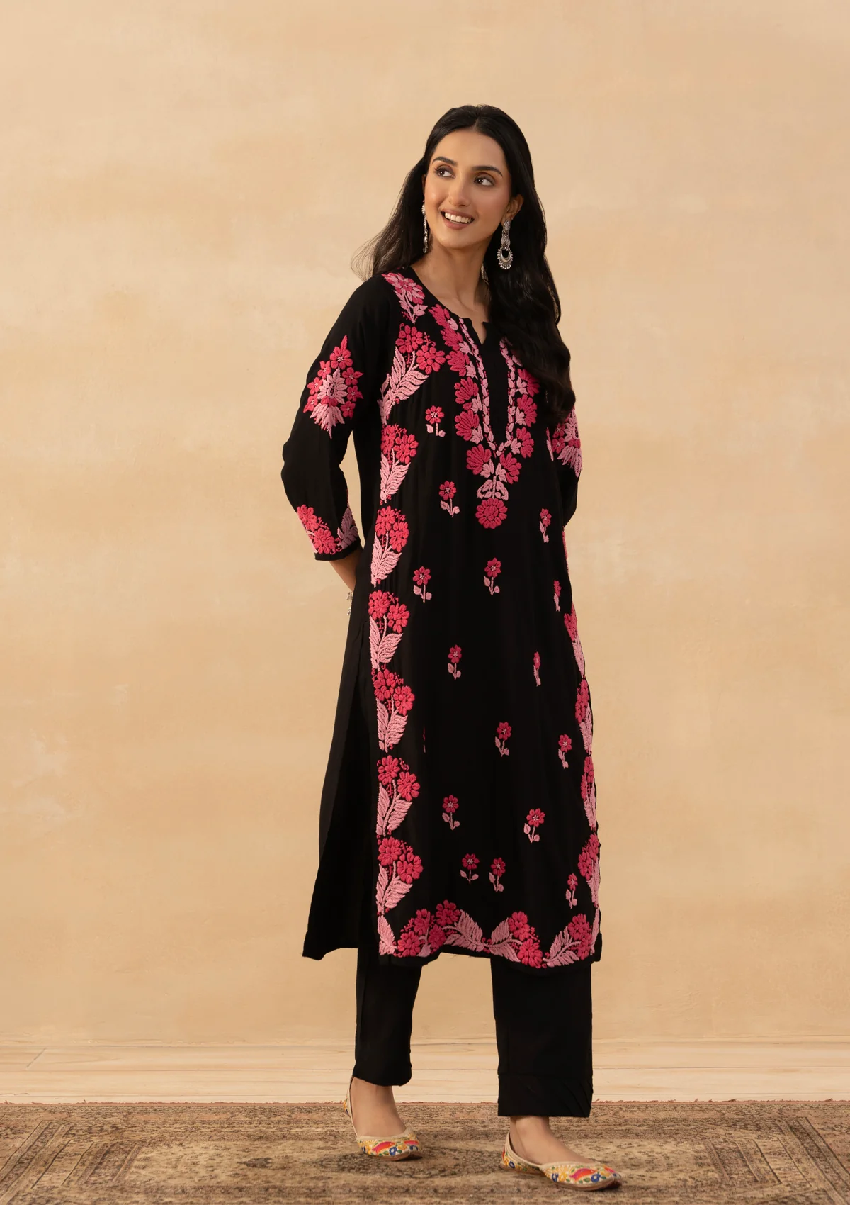 HOC Rayon Chikankari Solid Women's Long Kurta - Black - Image 3