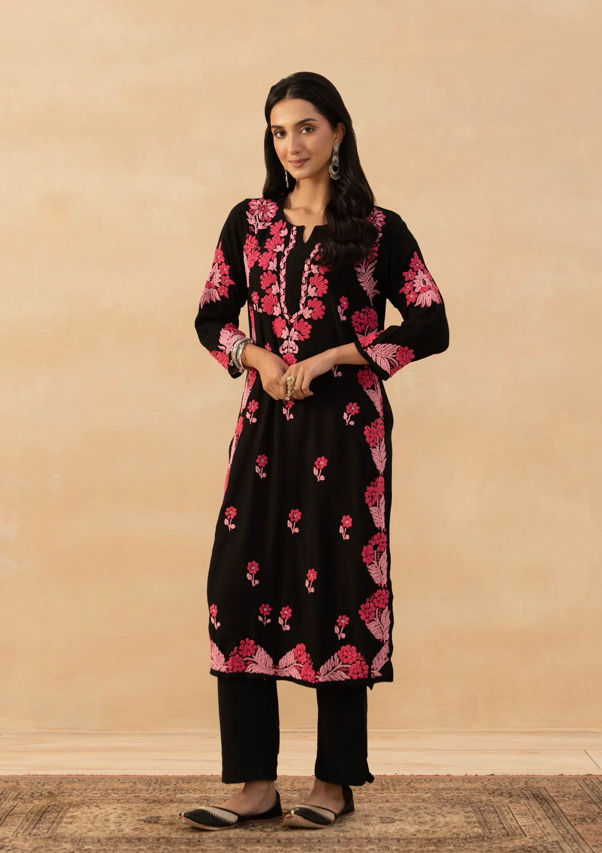 HOC Rayon Chikankari Solid Women's Long Kurta - Black - Image 4