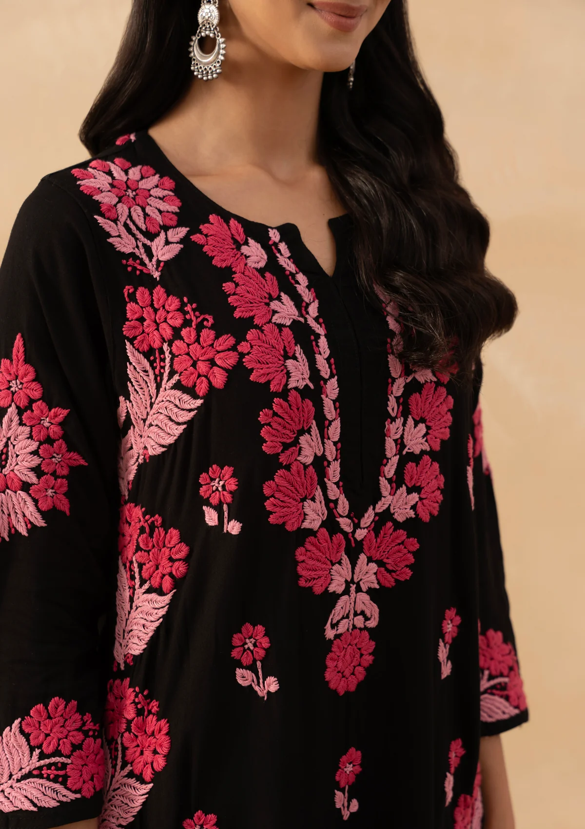 HOC Rayon Chikankari Solid Women's Long Kurta - Black - Image 5