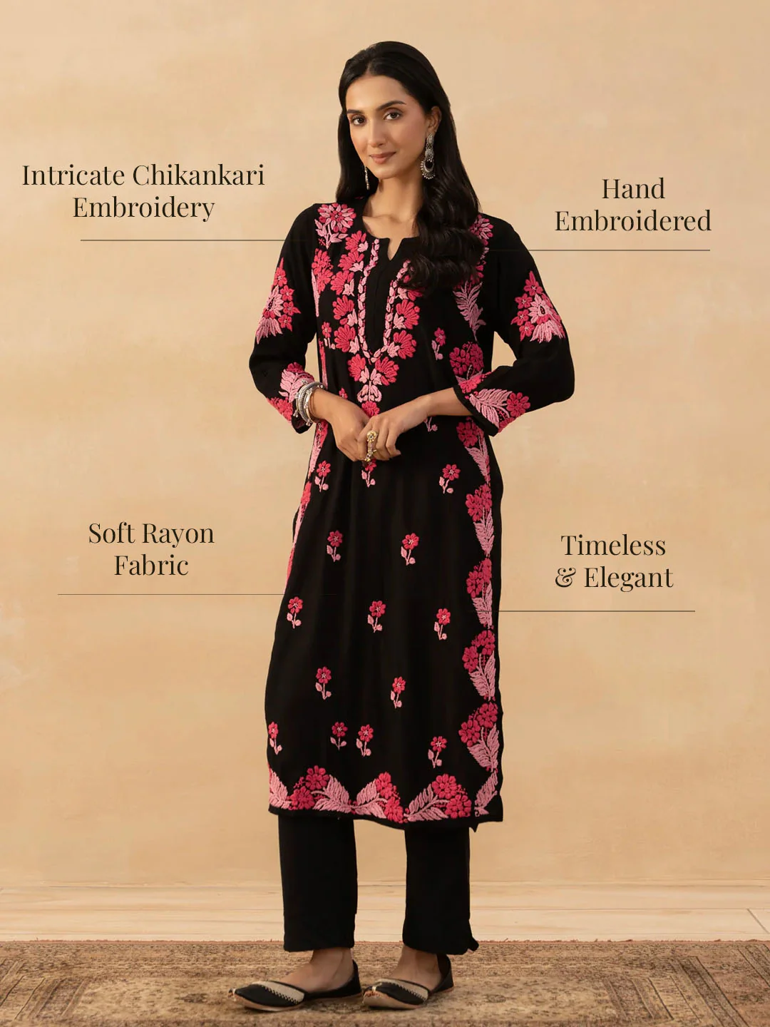 HOC Rayon Chikankari Solid Women's Long Kurta - Black - Image 7