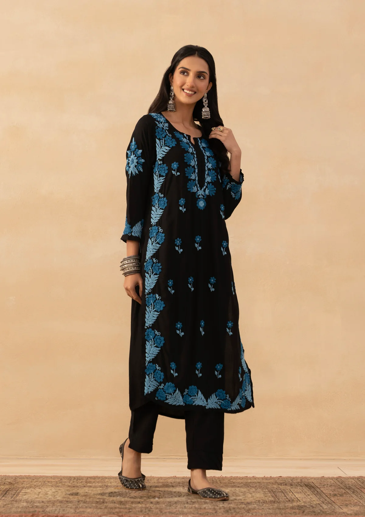 HOC Rayon Chikankari Solid Women Long Kurta - Black - Image 3