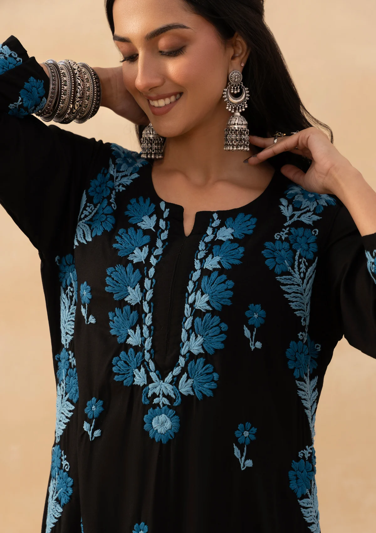 HOC Rayon Chikankari Solid Women Long Kurta - Black - Image 5