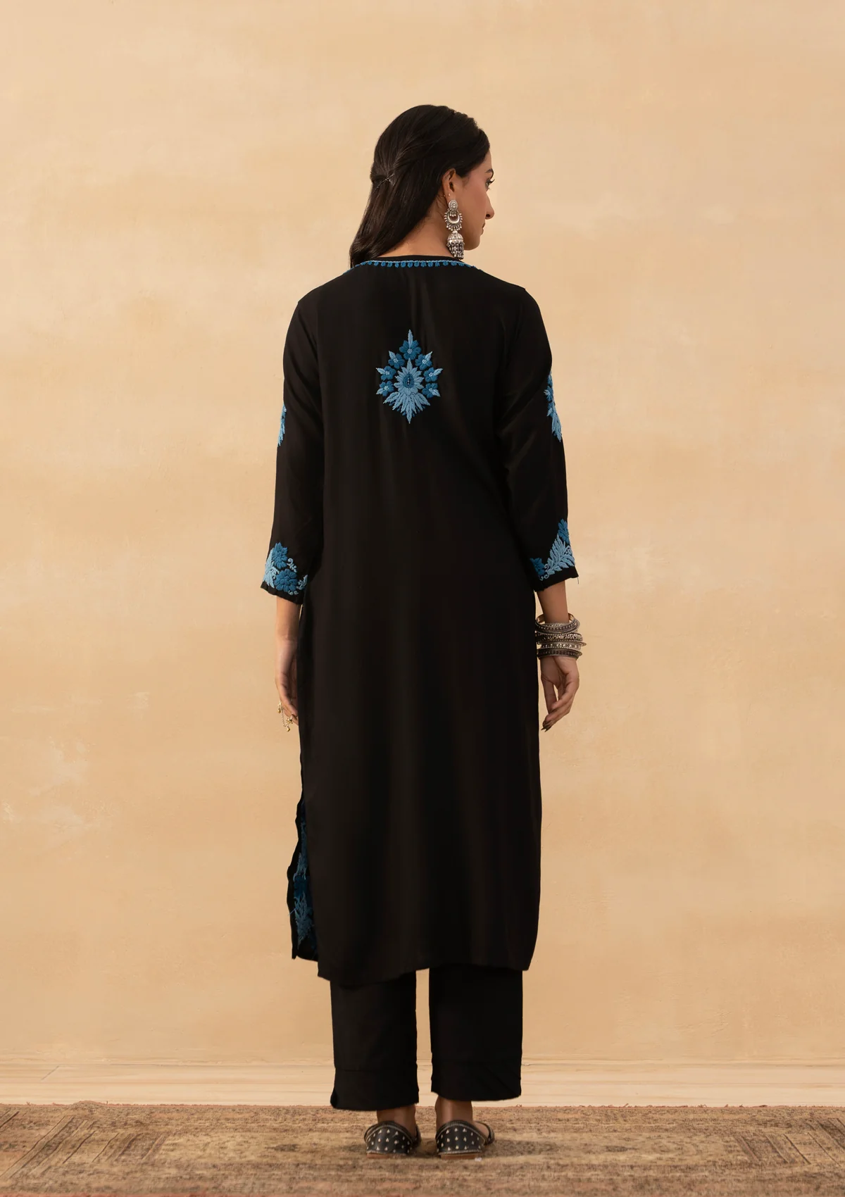 HOC Rayon Chikankari Solid Women Long Kurta - Black - Image 6