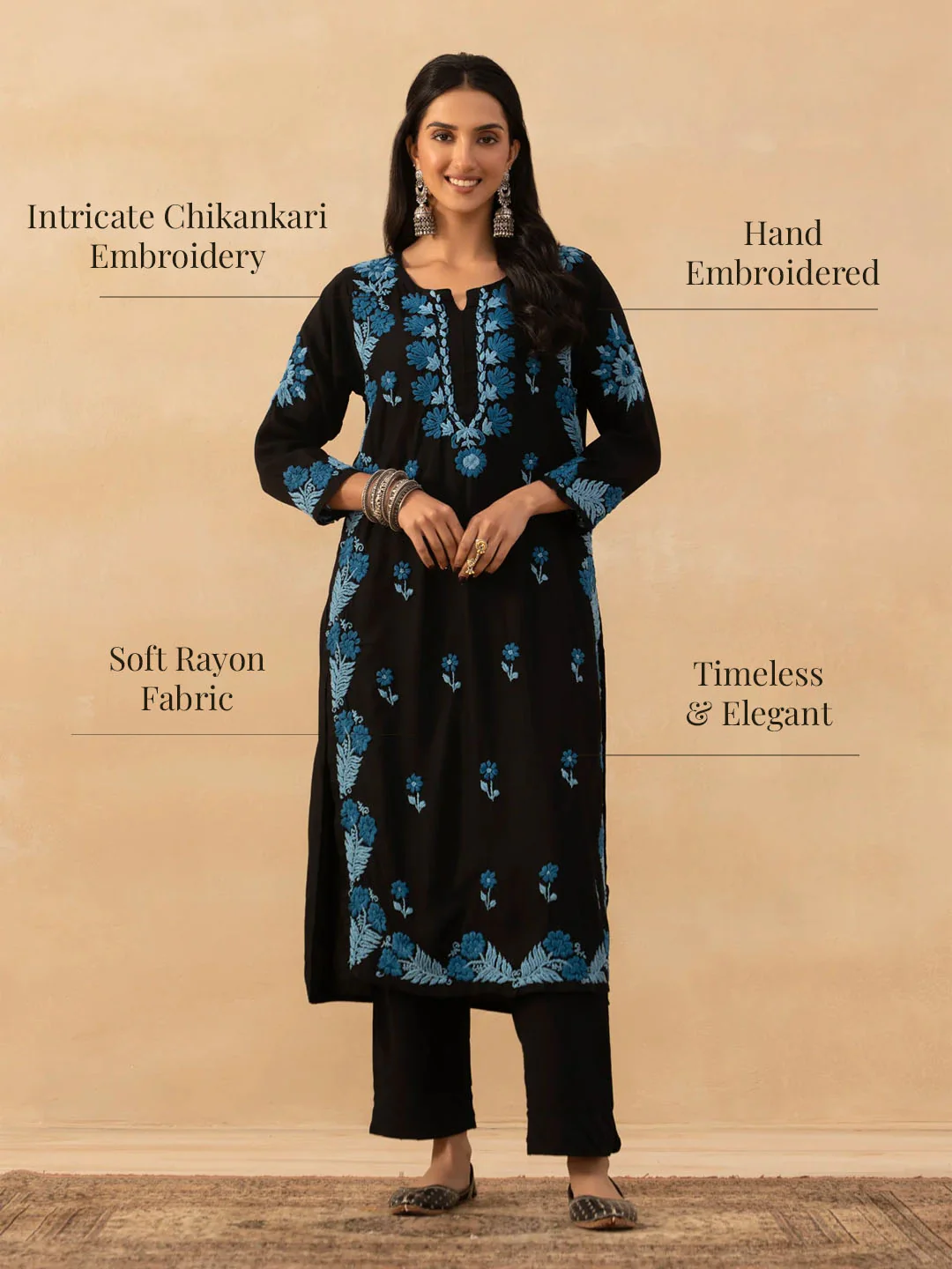 HOC Rayon Chikankari Solid Women Long Kurta - Black - Image 7