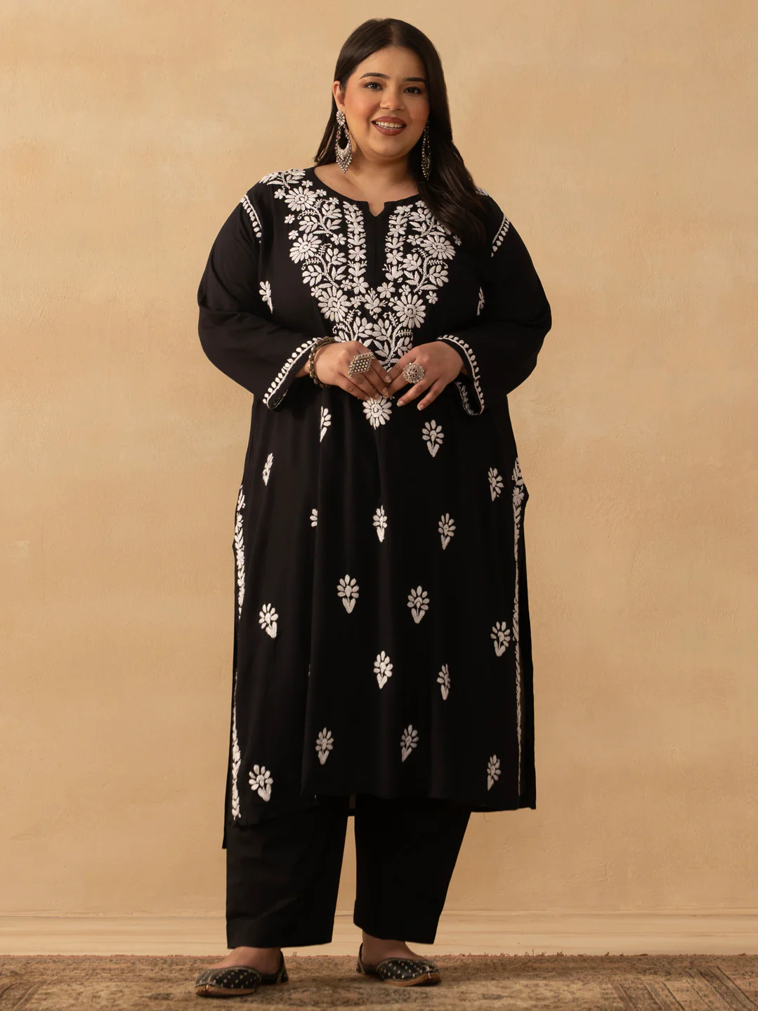 HOC Rayon Chikankari Solid Women's Long Kurta - Black
