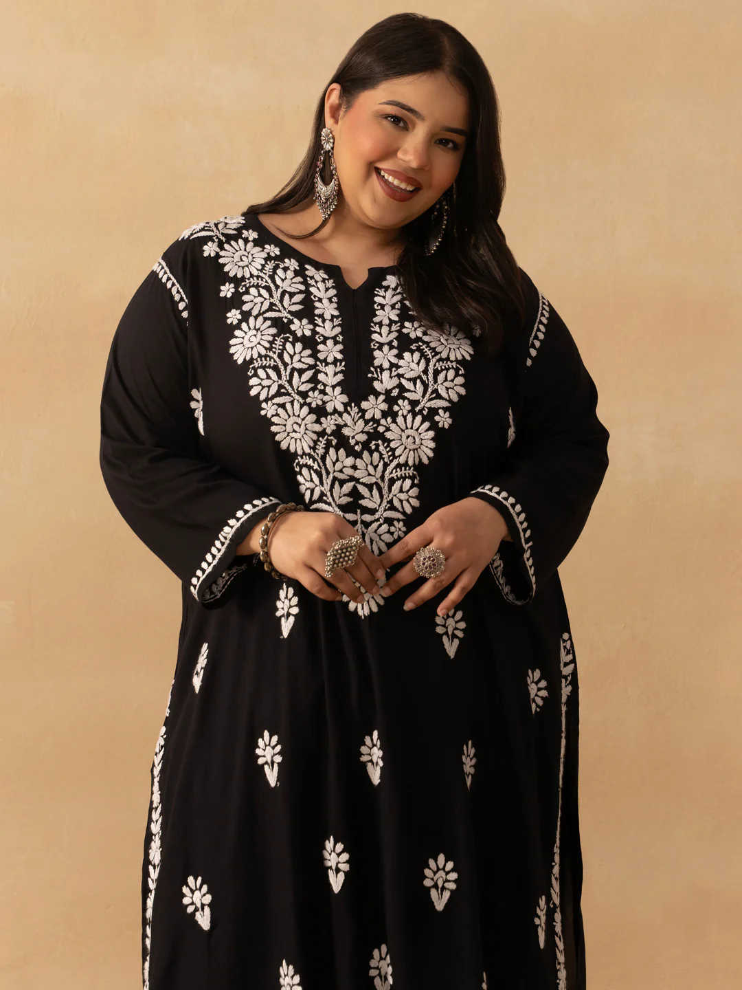 HOC Rayon Chikankari Solid Women's Long Kurta - Black - Image 2