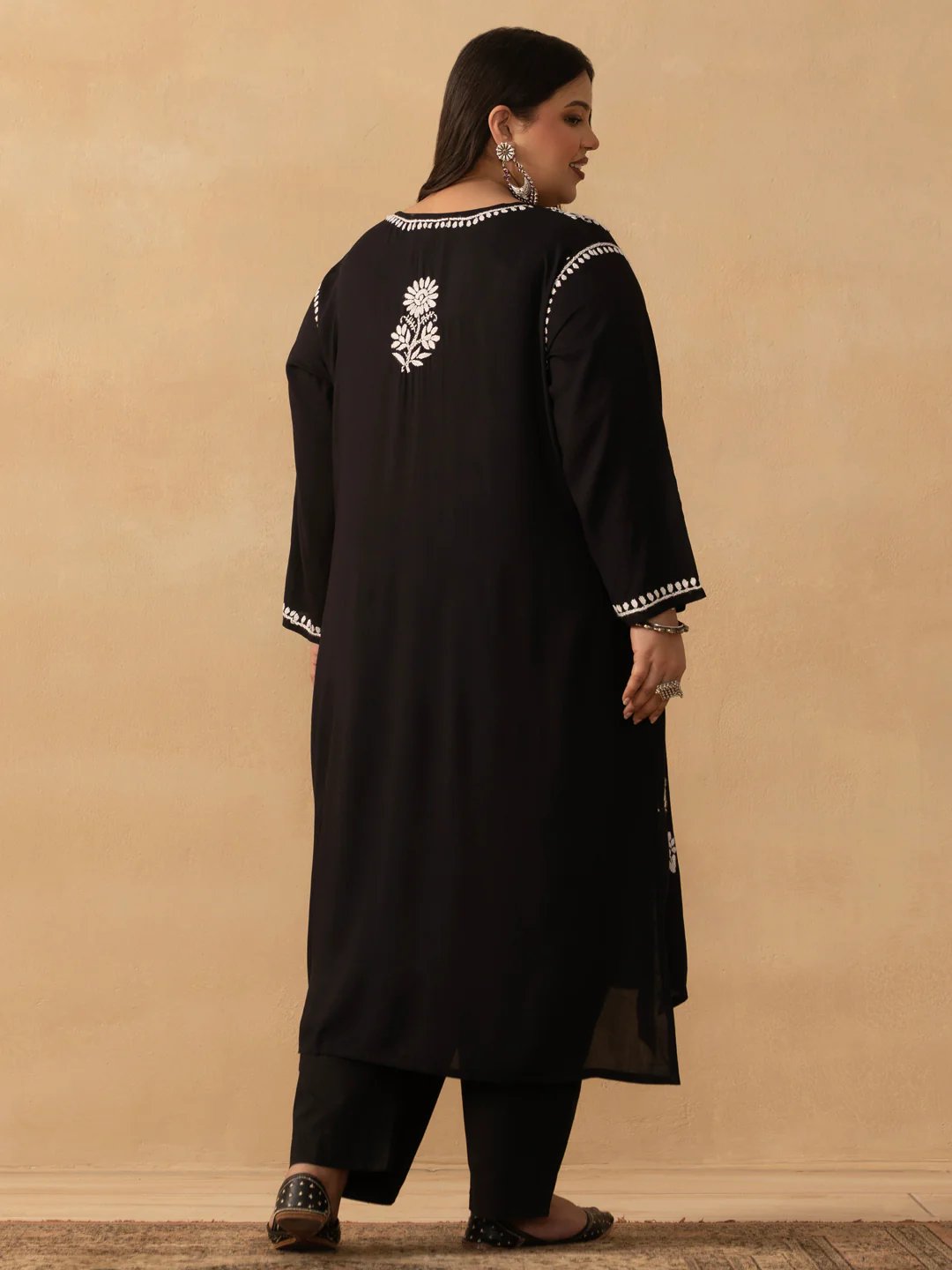 HOC Rayon Chikankari Solid Women's Long Kurta - Black - Image 6