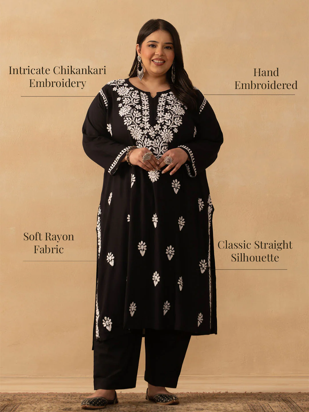 HOC Rayon Chikankari Solid Women's Long Kurta - Black - Image 7