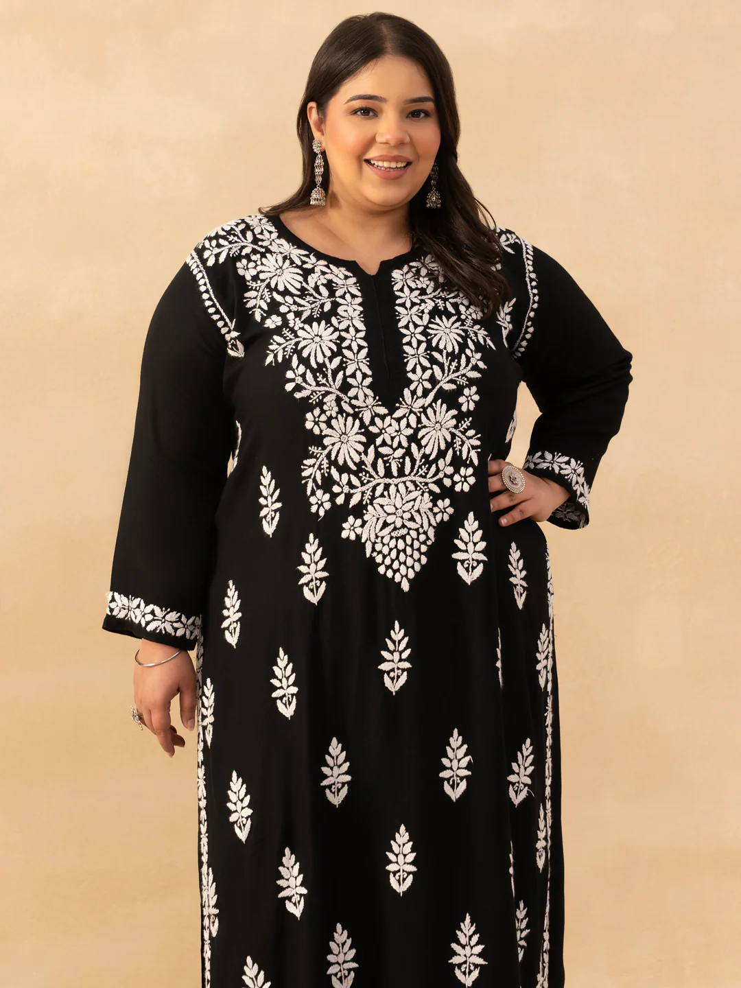 HOC Rayon Chikankari Solid Women's Long Kurta - Black - Image 2