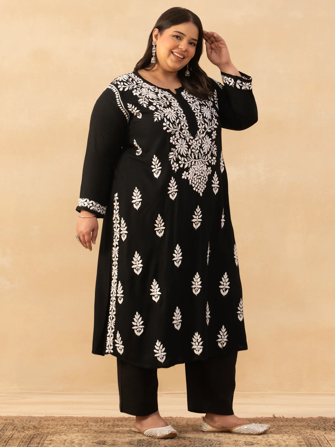 HOC Rayon Chikankari Solid Women's Long Kurta - Black - Image 3