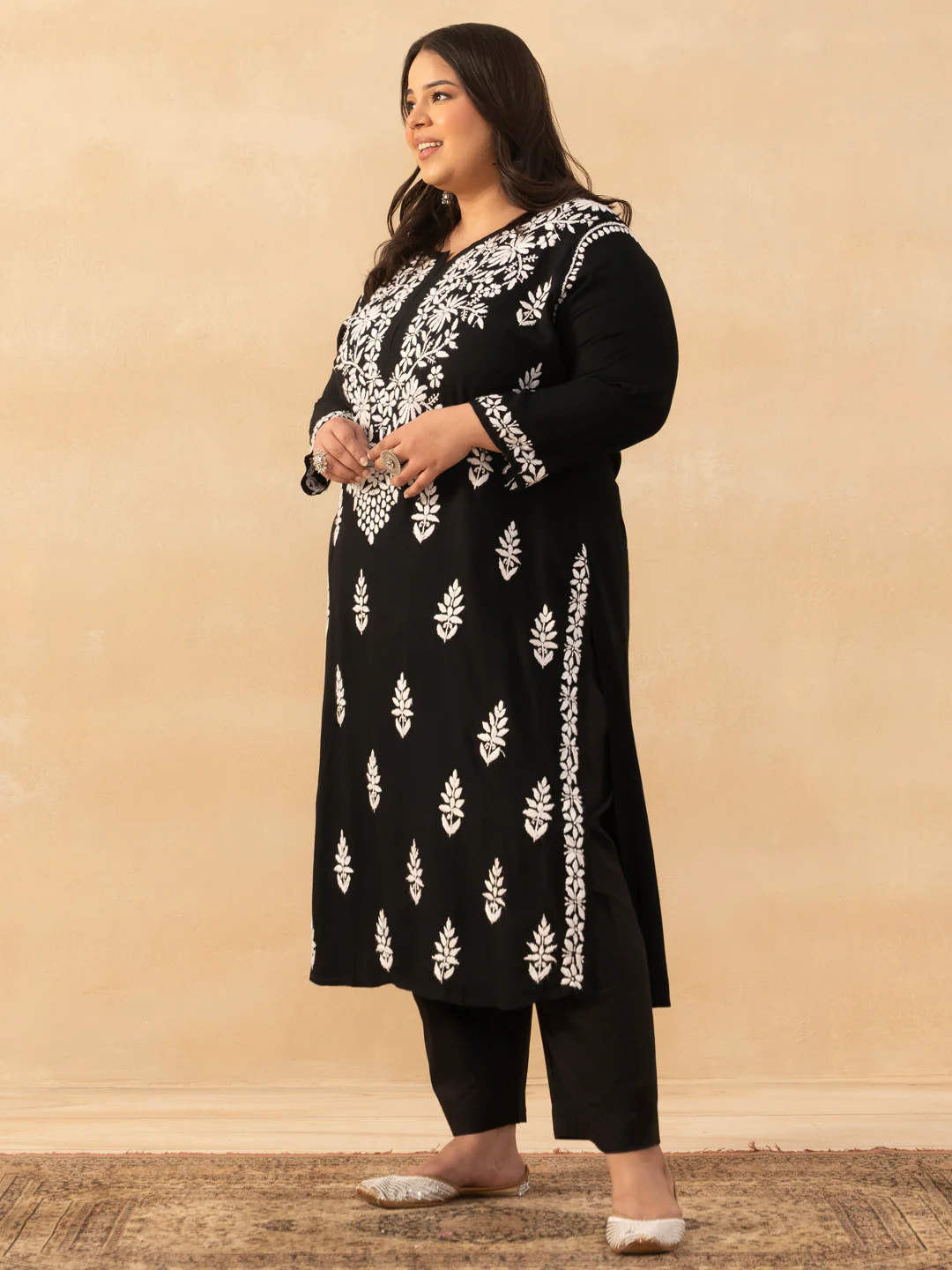 HOC Rayon Chikankari Solid Women's Long Kurta - Black - Image 4
