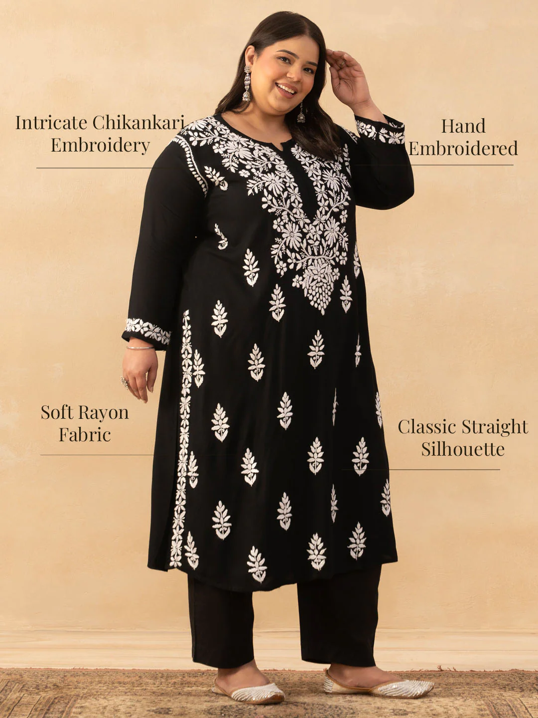 HOC Rayon Chikankari Solid Women's Long Kurta - Black - Image 7