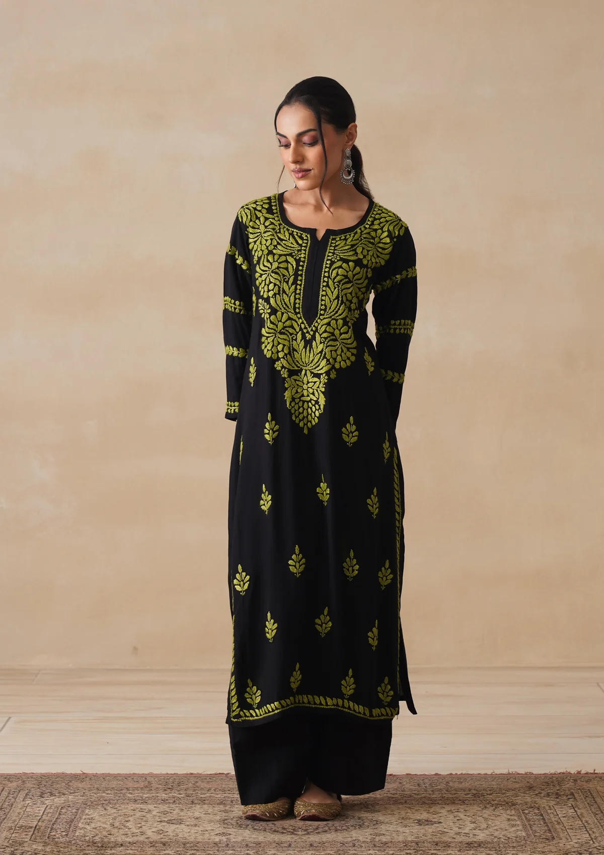 HOC Rayon Chikankari Solid Women's Long Kurta - Black