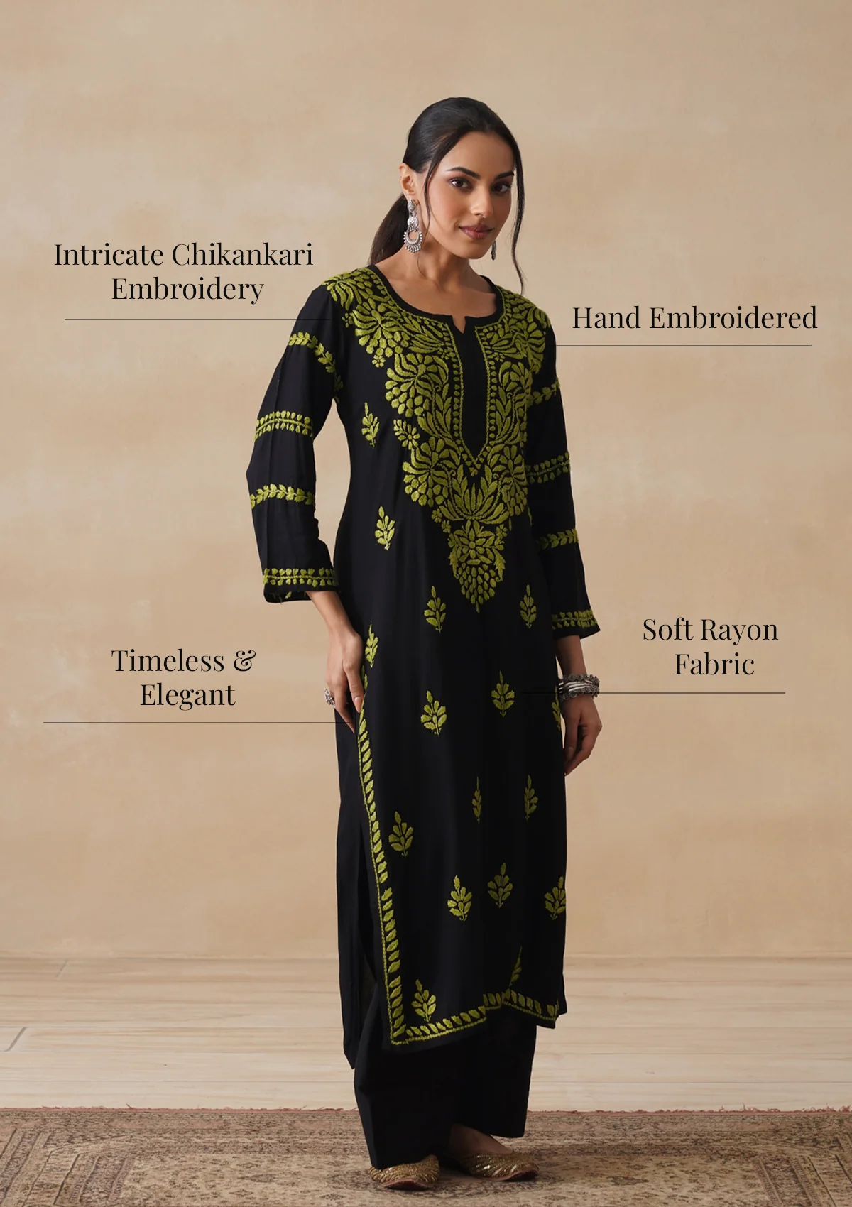 HOC Rayon Chikankari Solid Women's Long Kurta - Black - Image 10