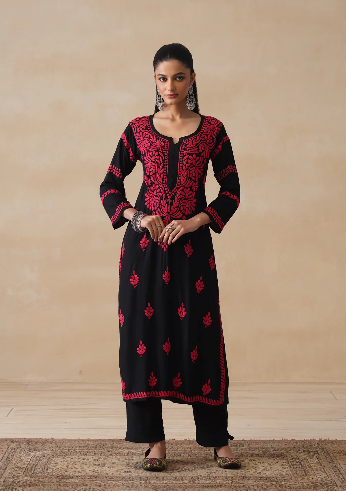HOC Rayon Chikankari Solid Women's Long Kurta - Black