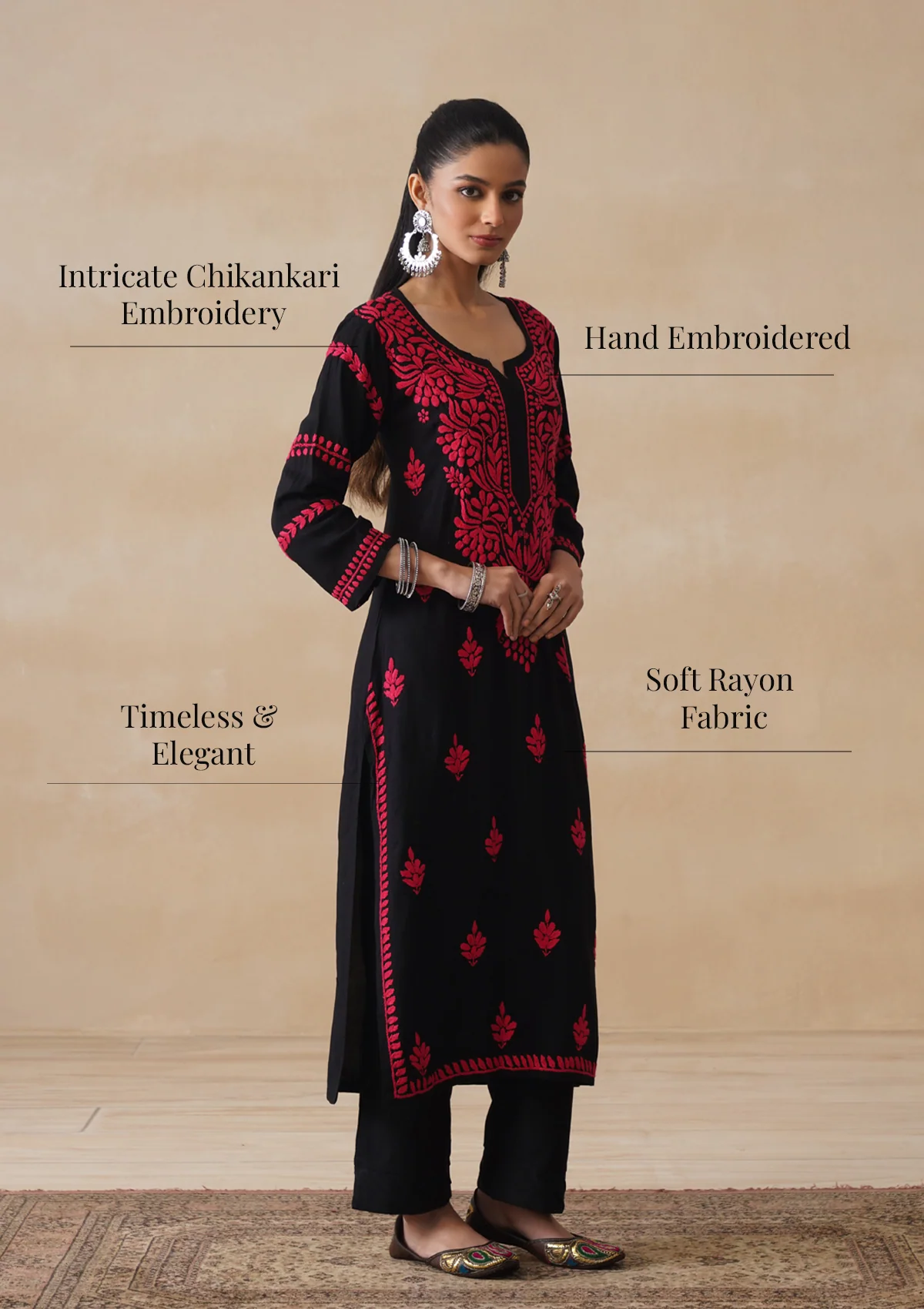HOC Rayon Chikankari Solid Women's Long Kurta - Black - Image 10