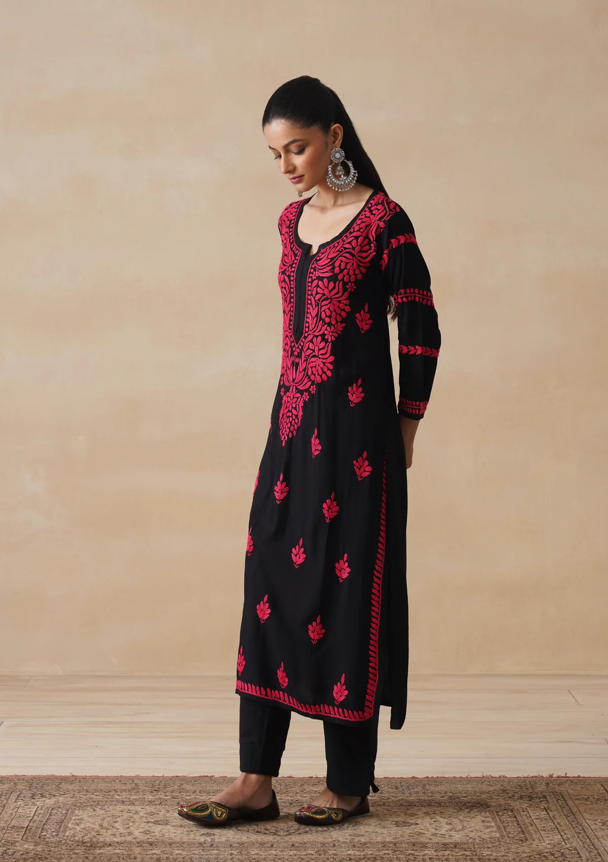 HOC Rayon Chikankari Solid Women's Long Kurta - Black - Image 3