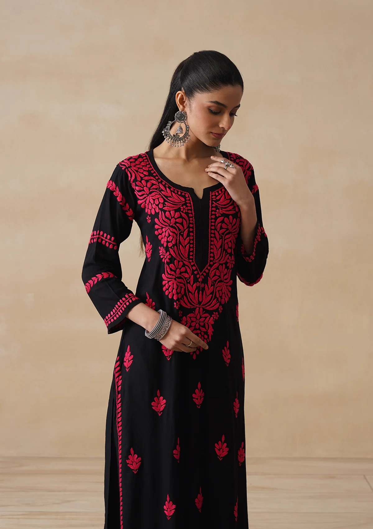 HOC Rayon Chikankari Solid Women's Long Kurta - Black - Image 6