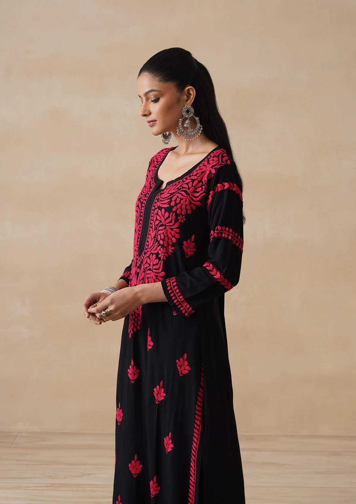 HOC Rayon Chikankari Solid Women's Long Kurta - Black - Image 7