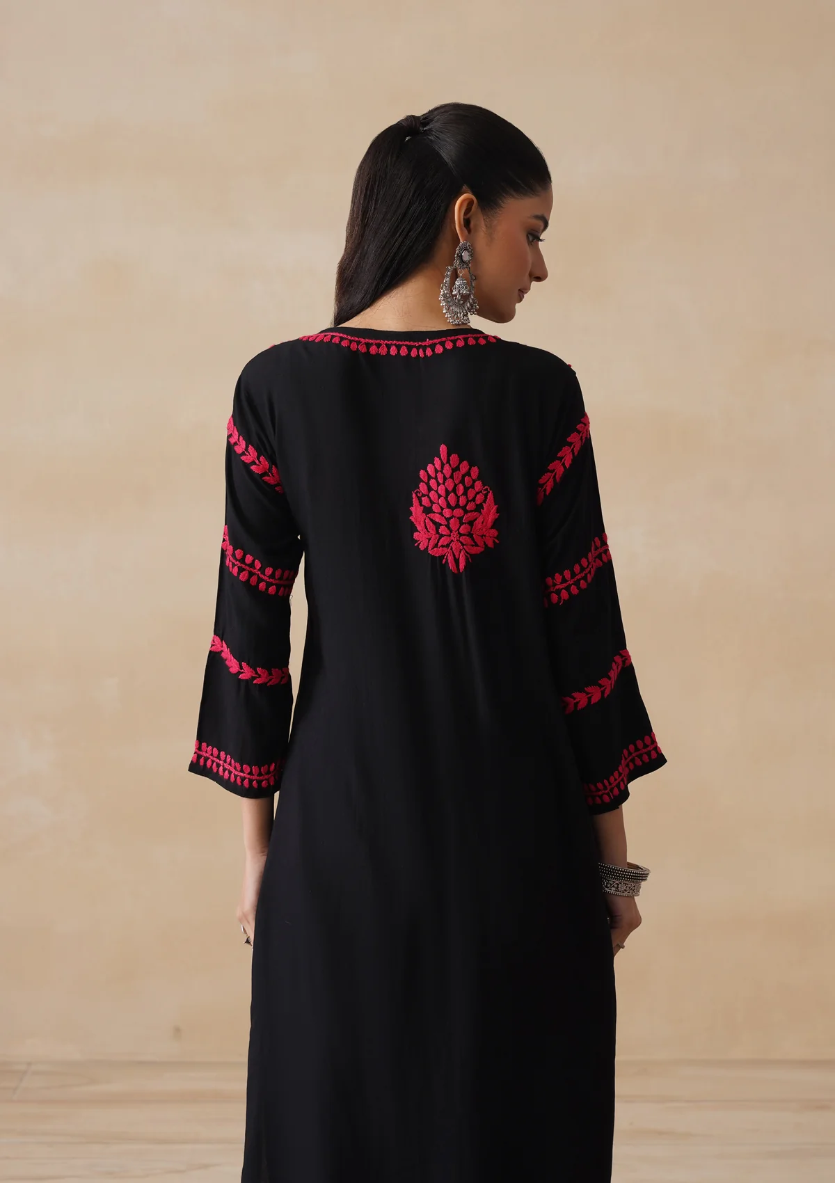 HOC Rayon Chikankari Solid Women's Long Kurta - Black - Image 9