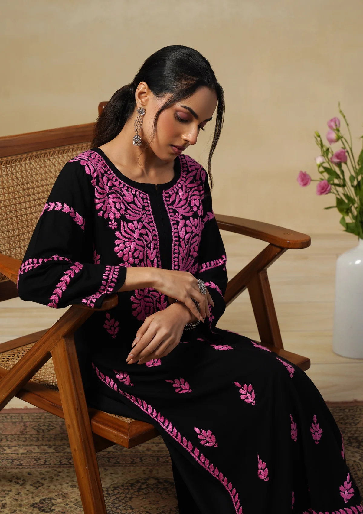 HOC Rayon Chikankari Solid Women's Long Kurta - Black - Image 2