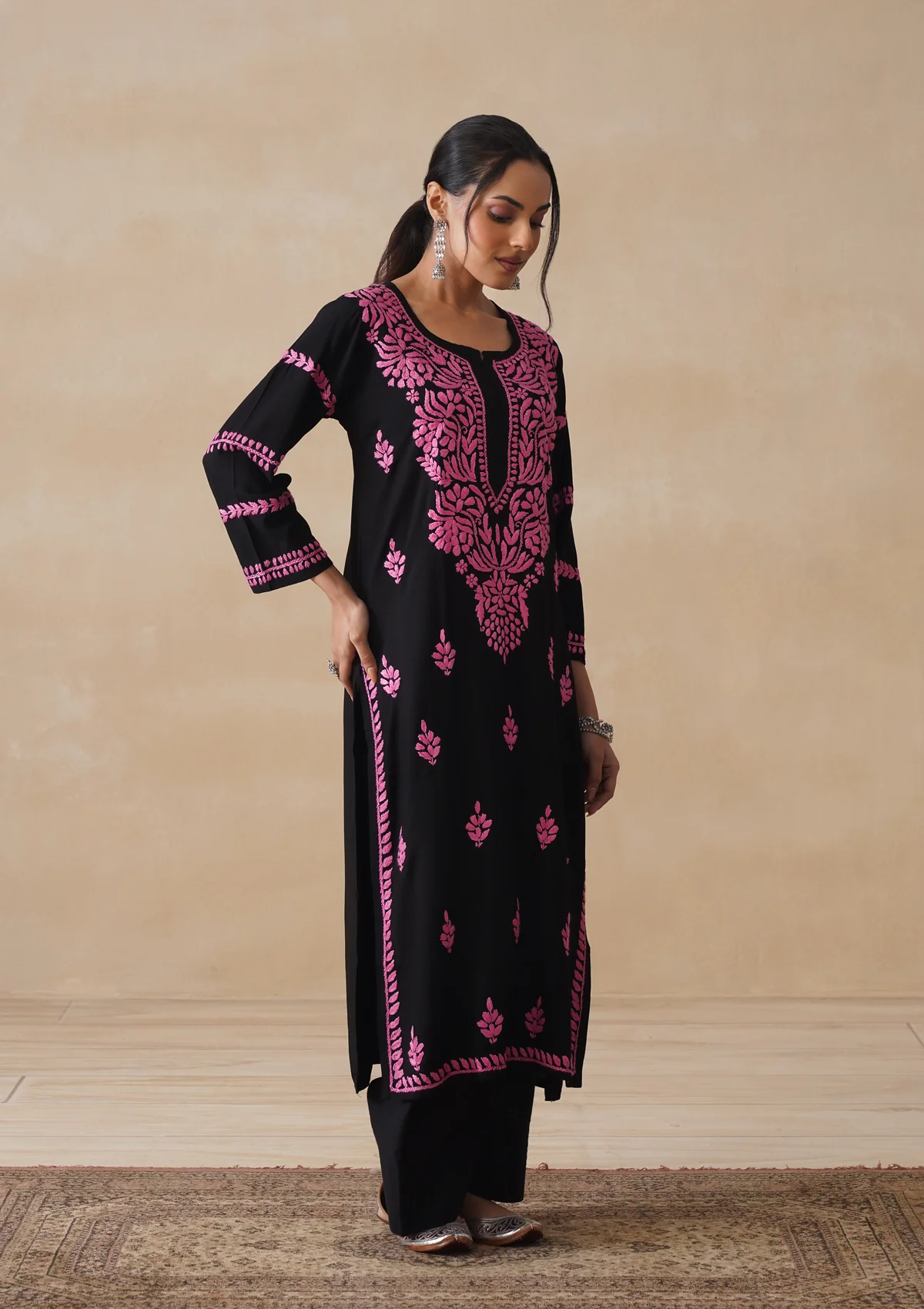HOC Rayon Chikankari Solid Women's Long Kurta - Black - Image 3