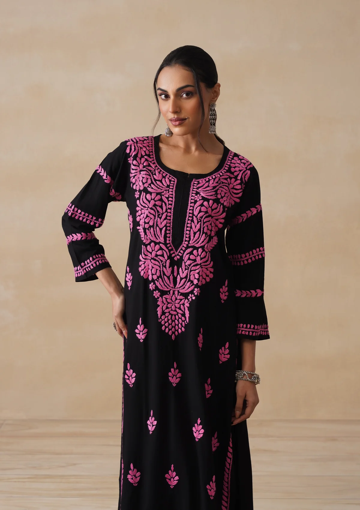HOC Rayon Chikankari Solid Women's Long Kurta - Black - Image 4
