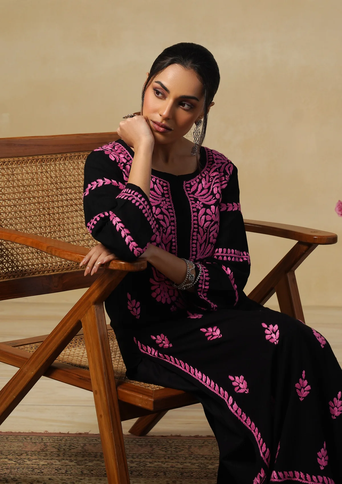 HOC Rayon Chikankari Solid Women's Long Kurta - Black - Image 5