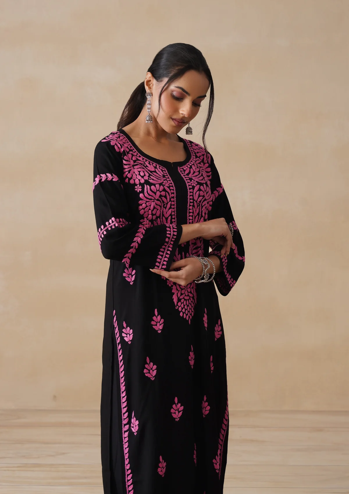 HOC Rayon Chikankari Solid Women's Long Kurta - Black - Image 7