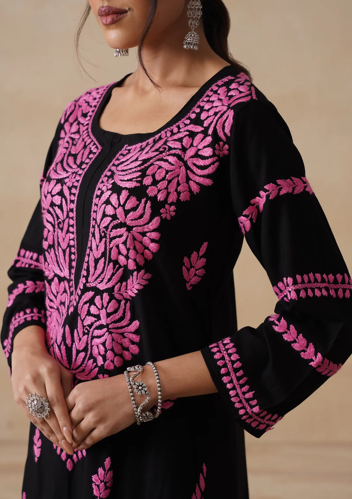 HOC Rayon Chikankari Solid Women's Long Kurta - Black - Image 8
