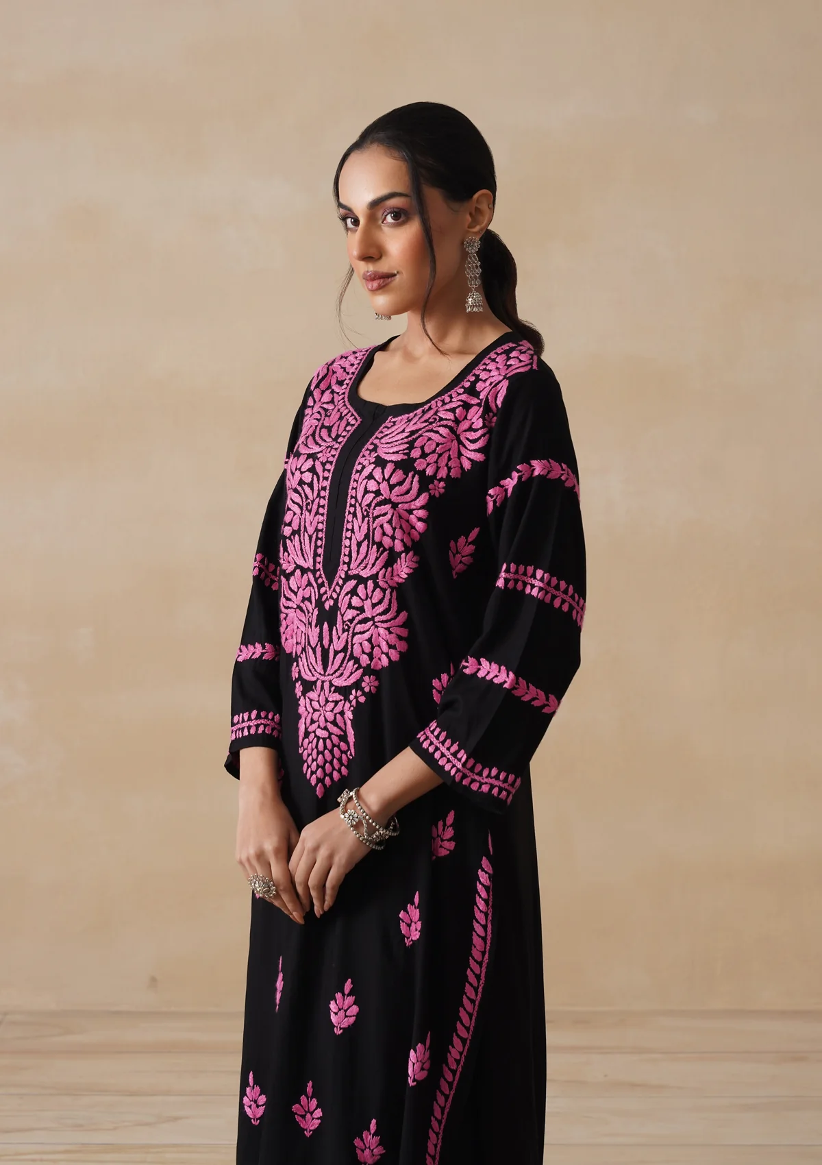 HOC Rayon Chikankari Solid Women's Long Kurta - Black - Image 9