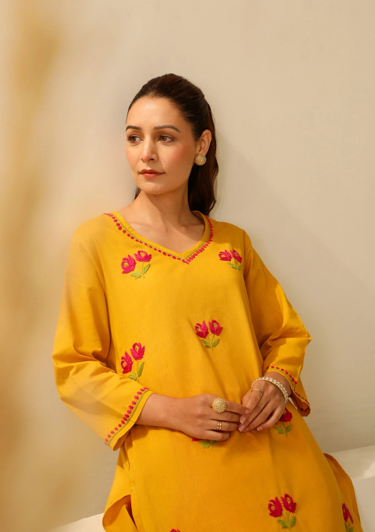 Cotton Chikankari Solid Women's long kurta - Mustard - Image 4