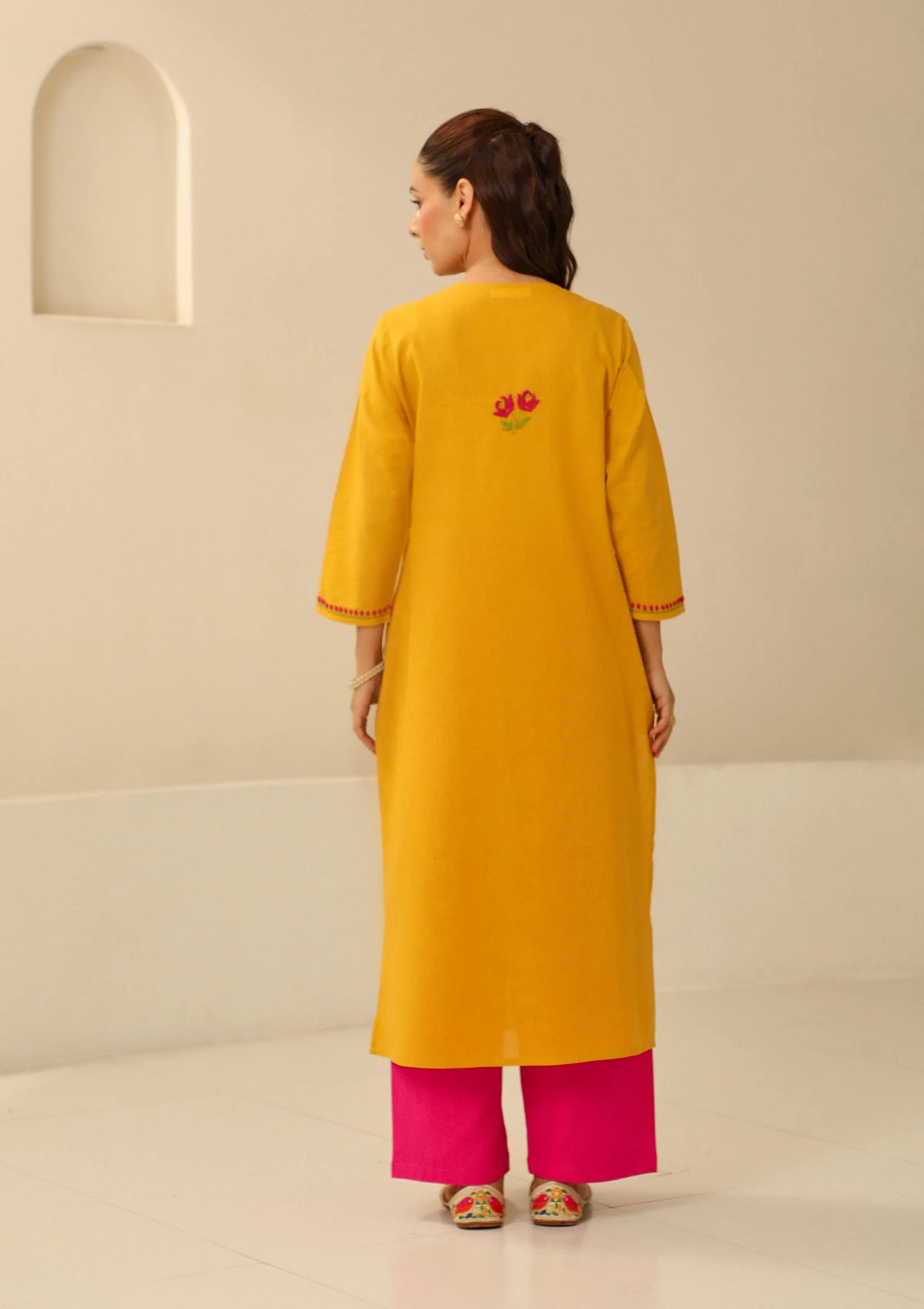 Cotton Chikankari Solid Women's long kurta - Mustard - Image 6