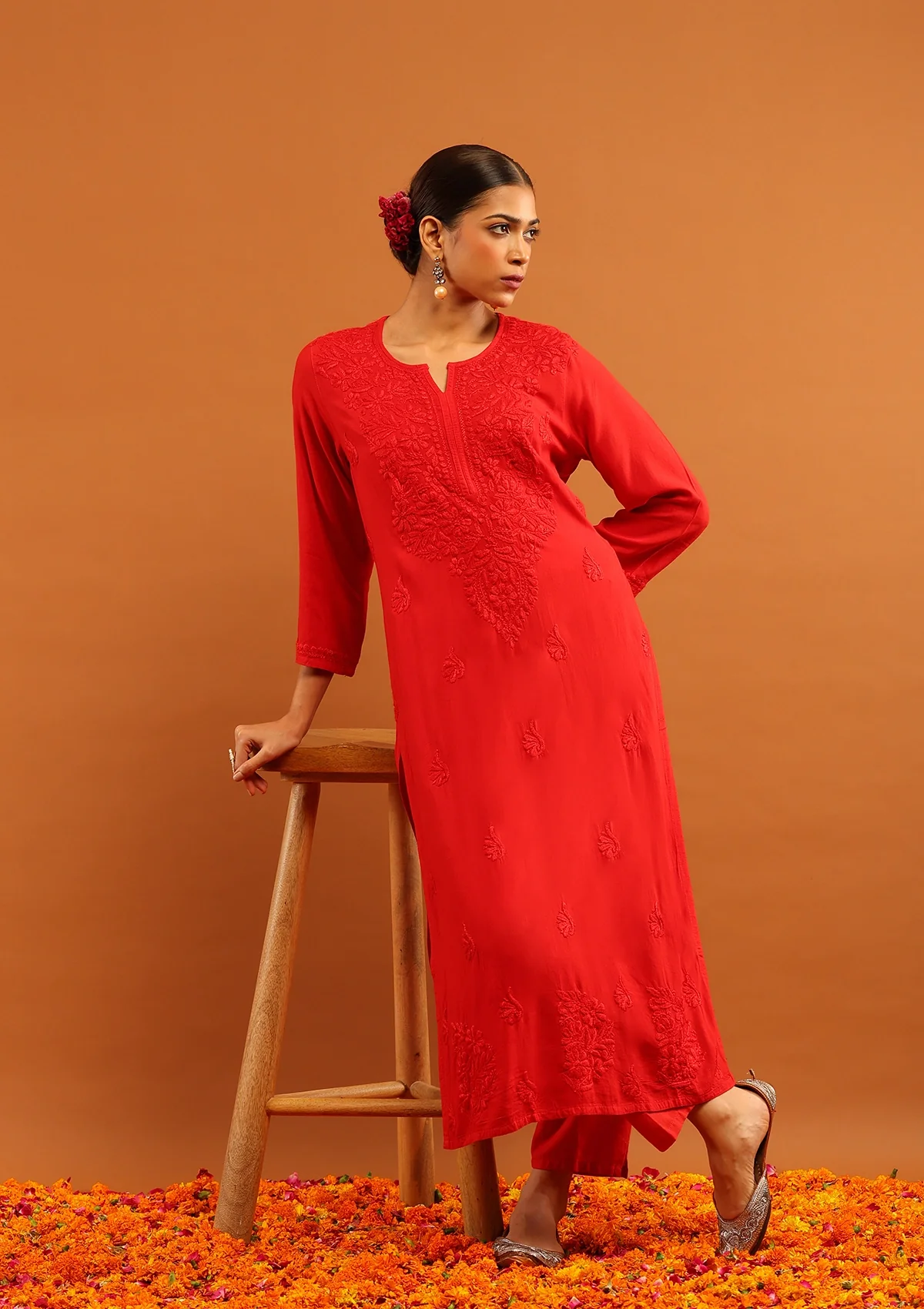 HOC Rayon Chikankari Solid Women's Long Kurta-Red - Image 3