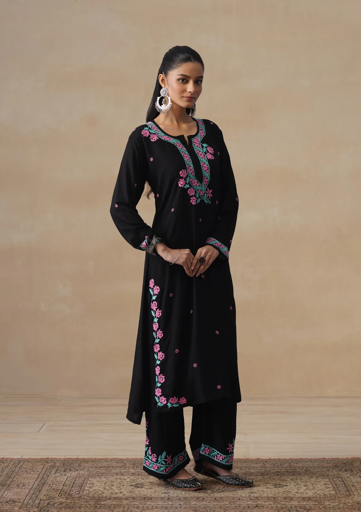 HOC Rayon Chikankari Solid Women's Long Kurta Set - Black