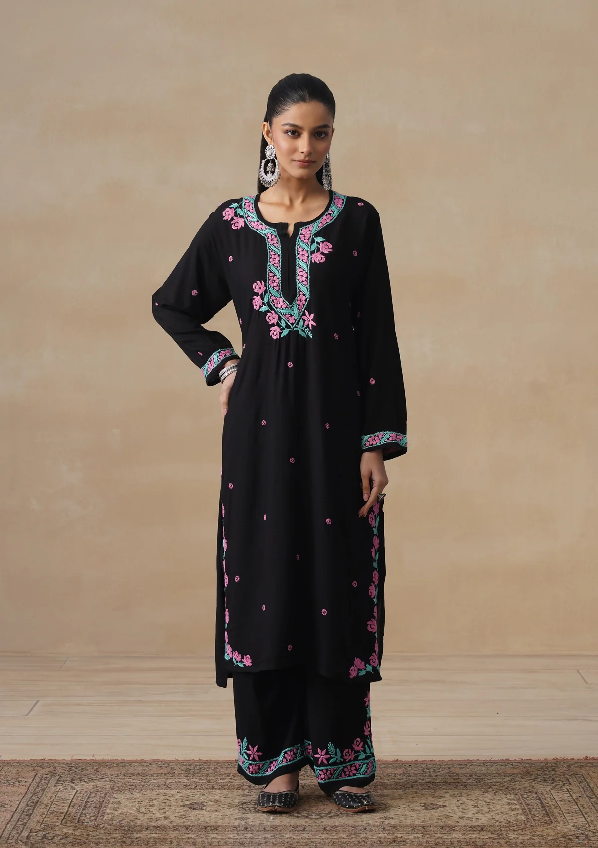 HOC Rayon Chikankari Solid Women's Long Kurta Set - Black - Image 10