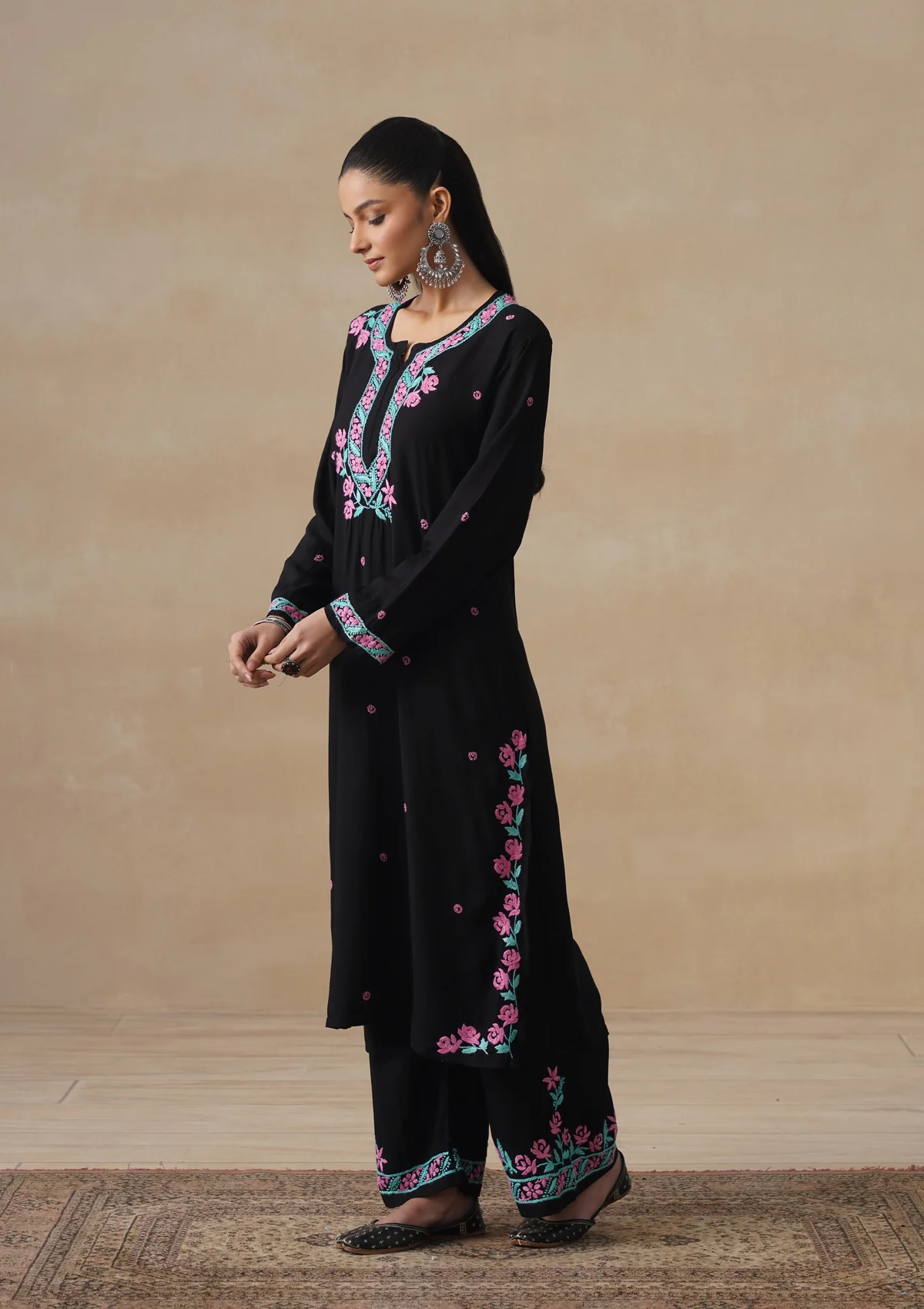 HOC Rayon Chikankari Solid Women's Long Kurta Set - Black - Image 11