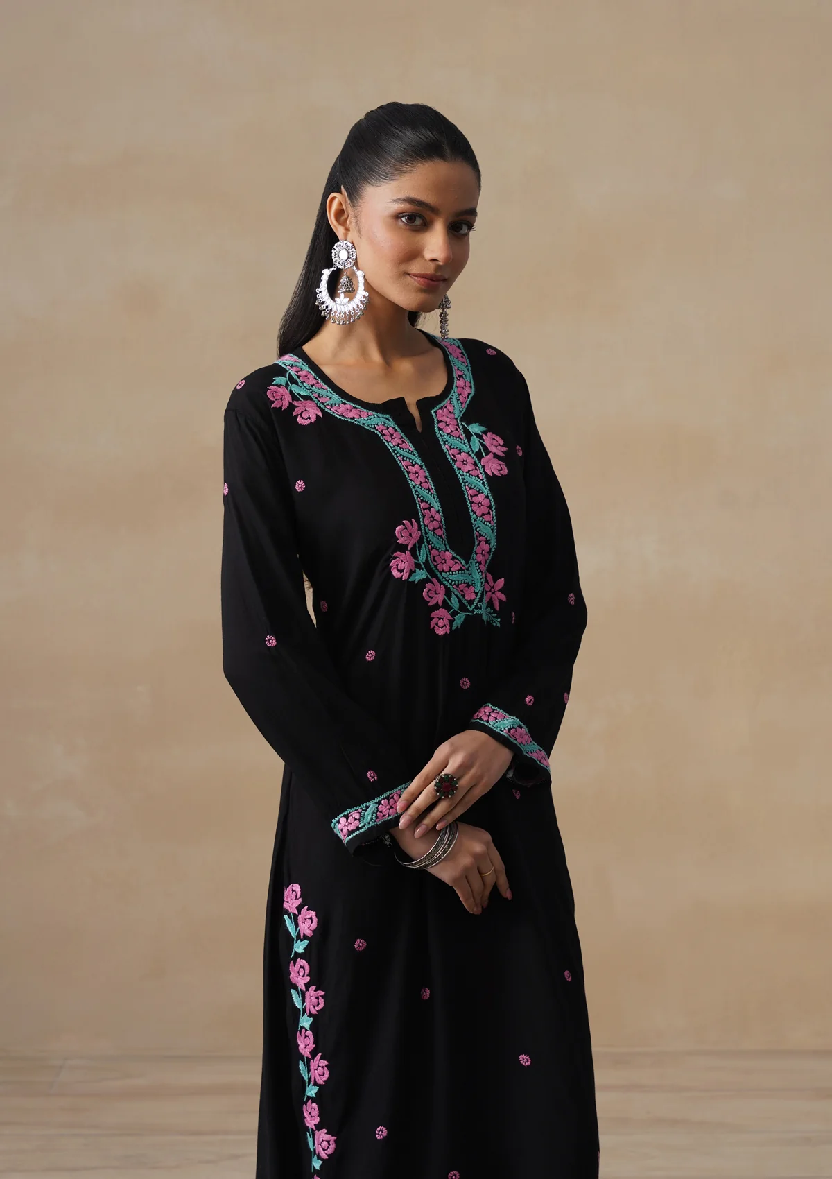 HOC Rayon Chikankari Solid Women's Long Kurta Set - Black - Image 2