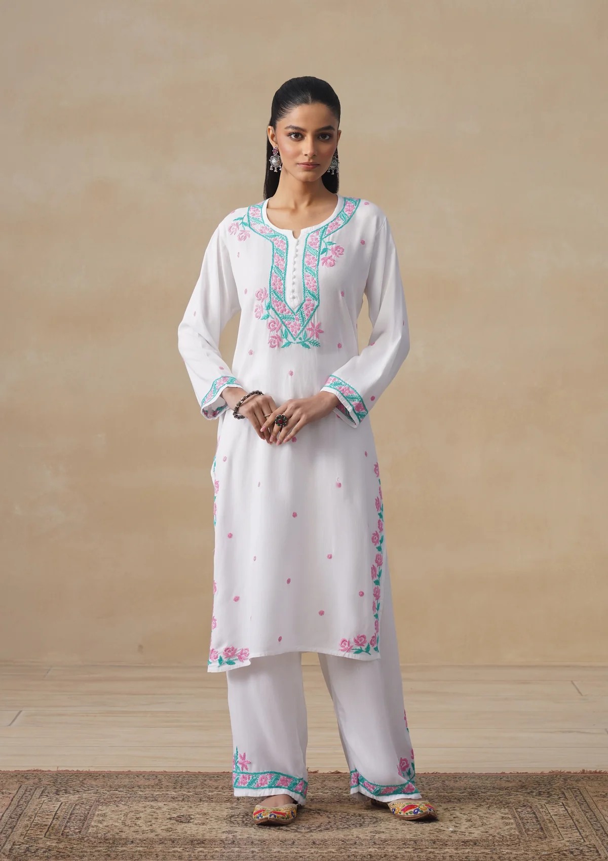 HOC Rayon Chikankari Solid Women's Long Kurta Set - White