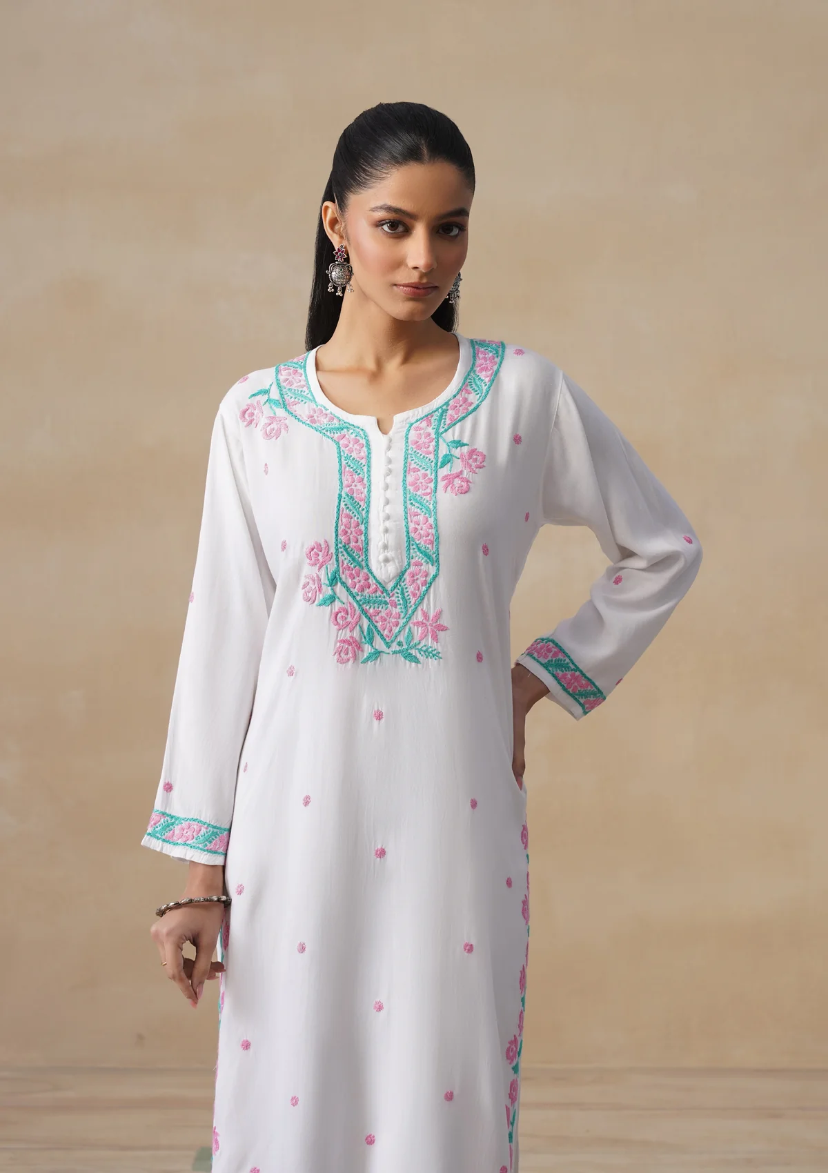 HOC Rayon Chikankari Solid Women's Long Kurta Set - White - Image 6