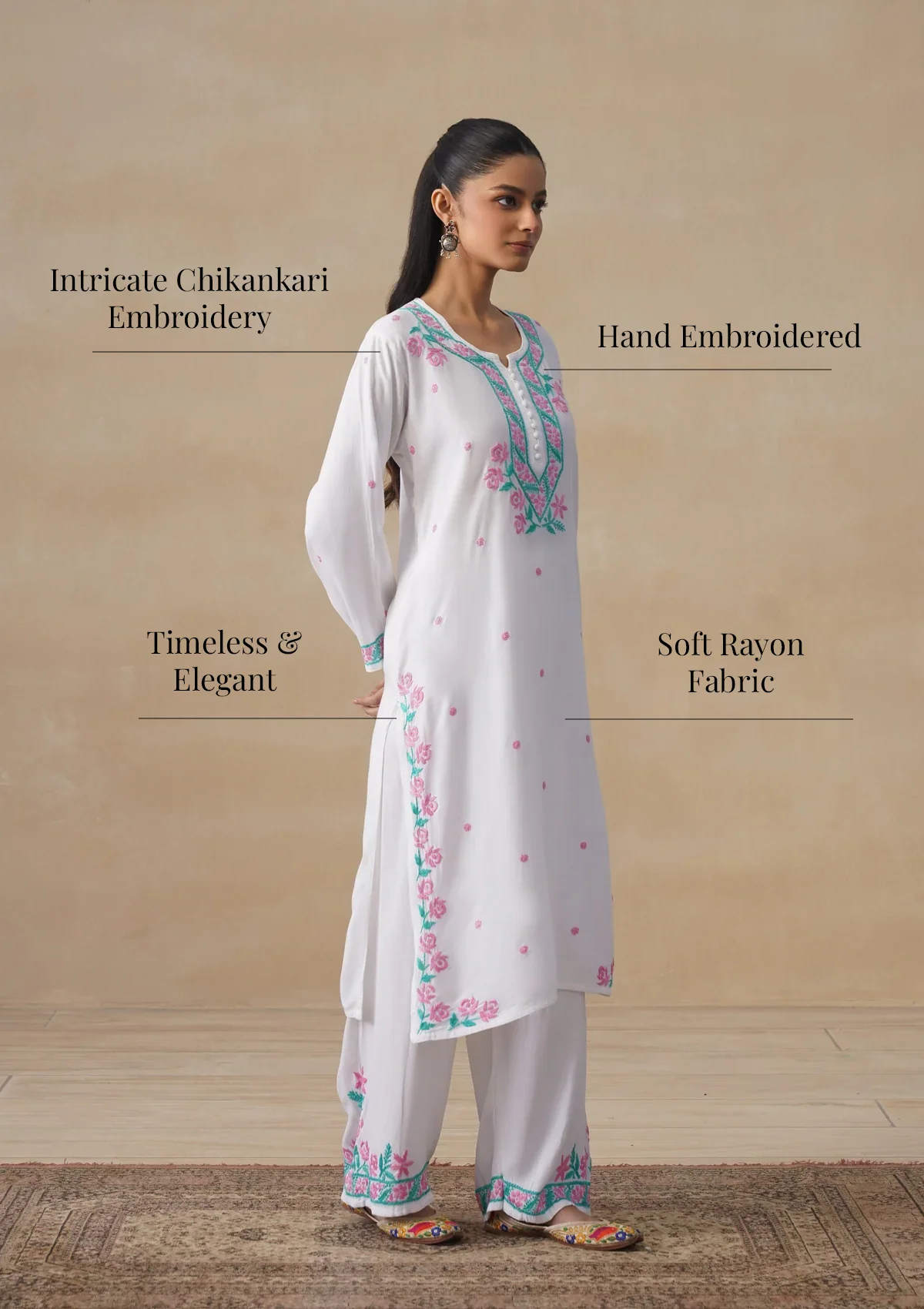 HOC Rayon Chikankari Solid Women's Long Kurta Set - White - Image 9